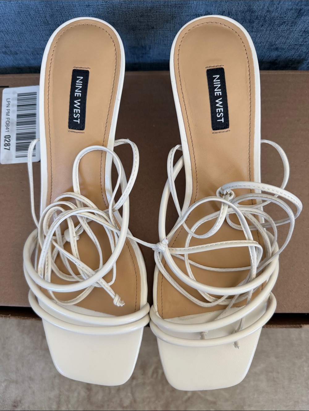 Nine West Hendy Cream Lace-Up Square Toe Slide Heels